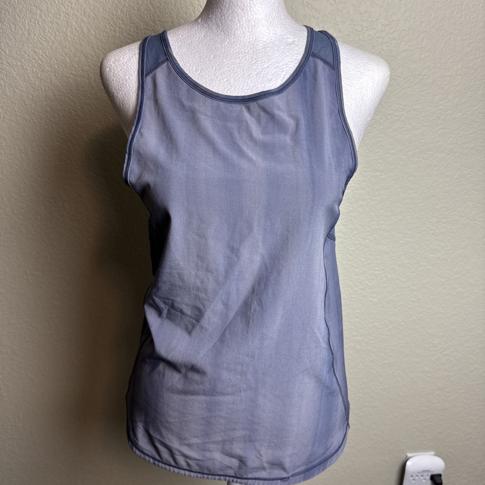 Lululemon Striped Racerback Tank Top Sheer Mesh Panel Curved Hem Slate Gray Blue